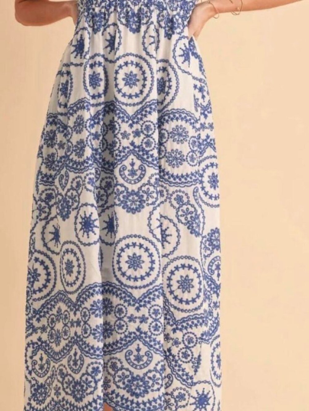Sunday Up white and blue floral midi dress with ruffle sleeves
